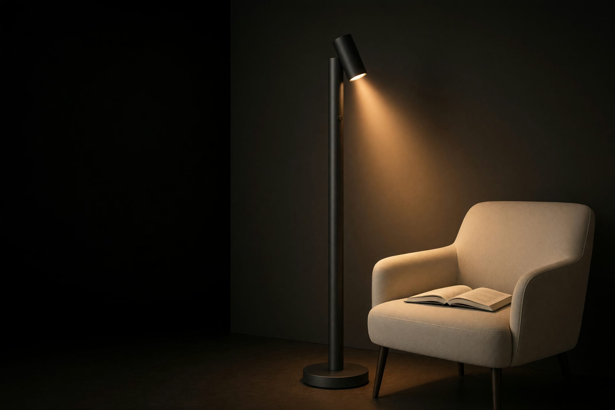 Dimpsy Tall standing beside an armchair in a room at night